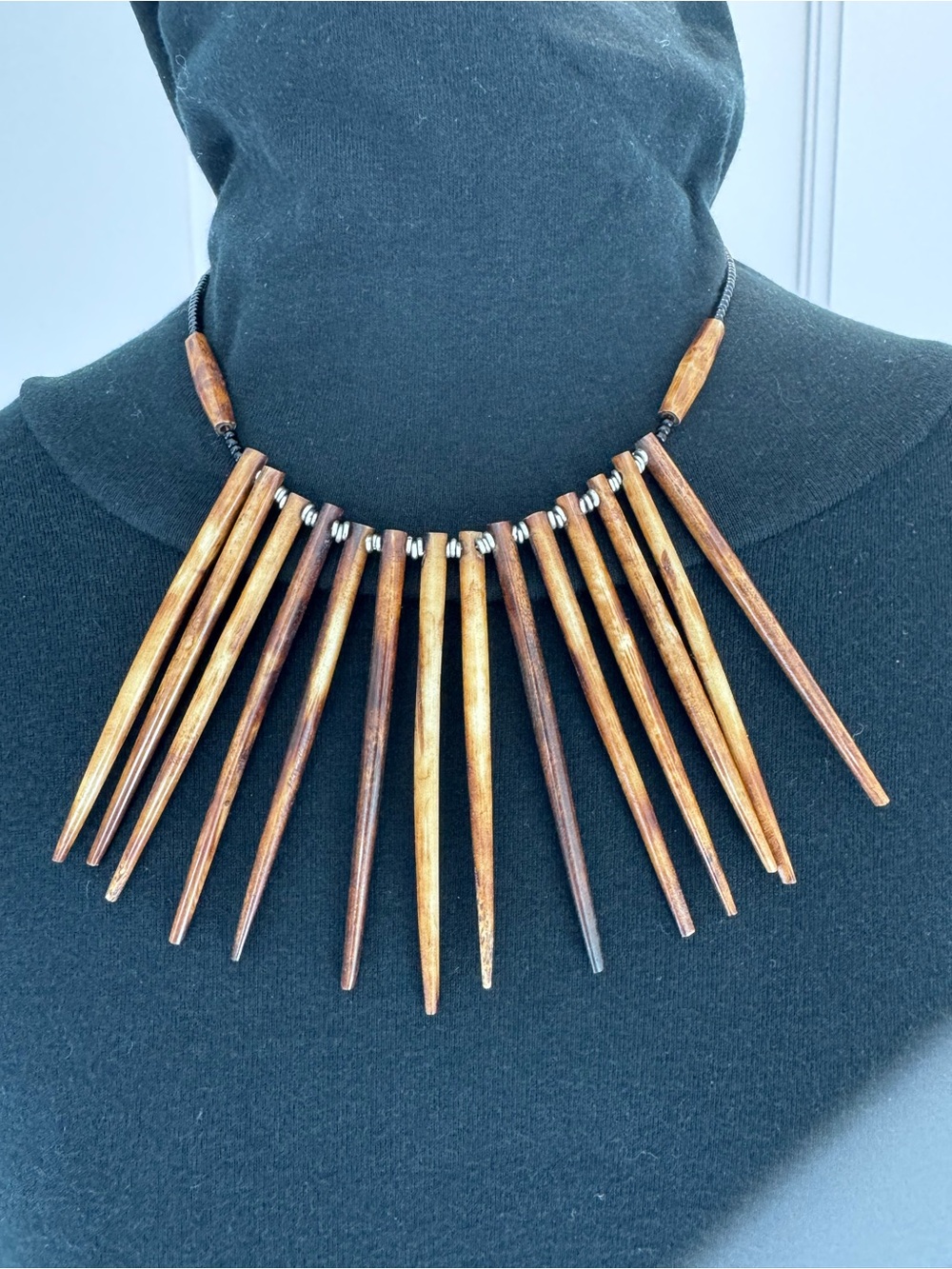 Tribal Wood Spike Necklace Boho Statement Jewelry Natural
